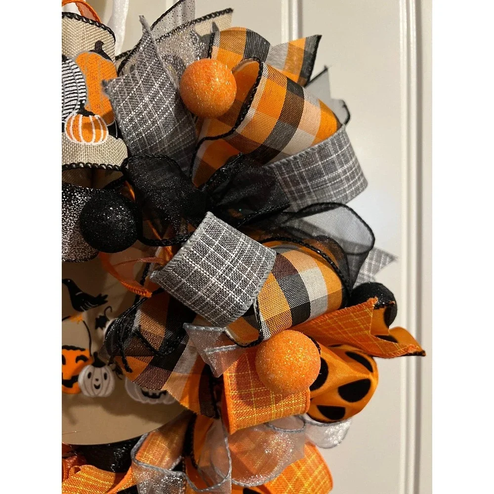 13 inch Halloween Ribbon Wreath Black Cat MW6